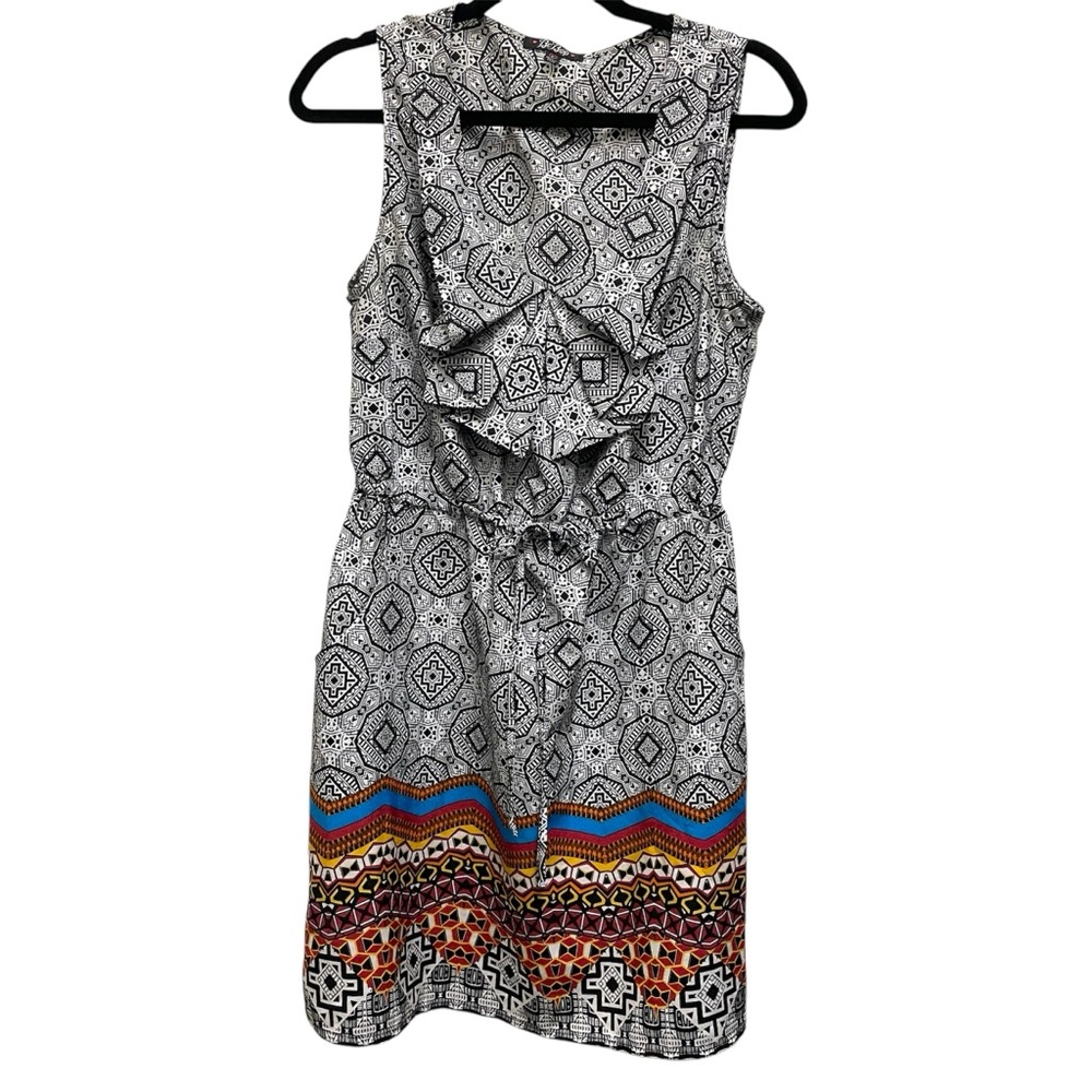 Boho Sleeveless Ruffle Front Dress – Geometric Tribal Print